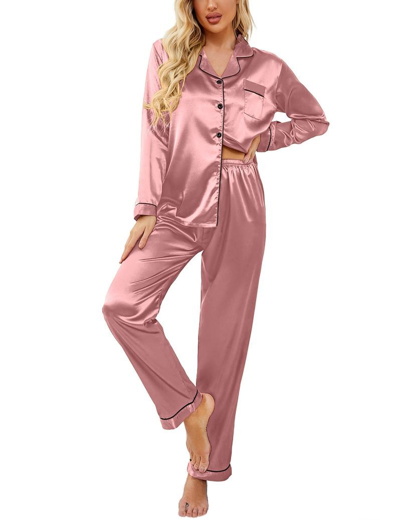 Printed Satin Long Sleeve Notch Collar Button Down Pajama Set
