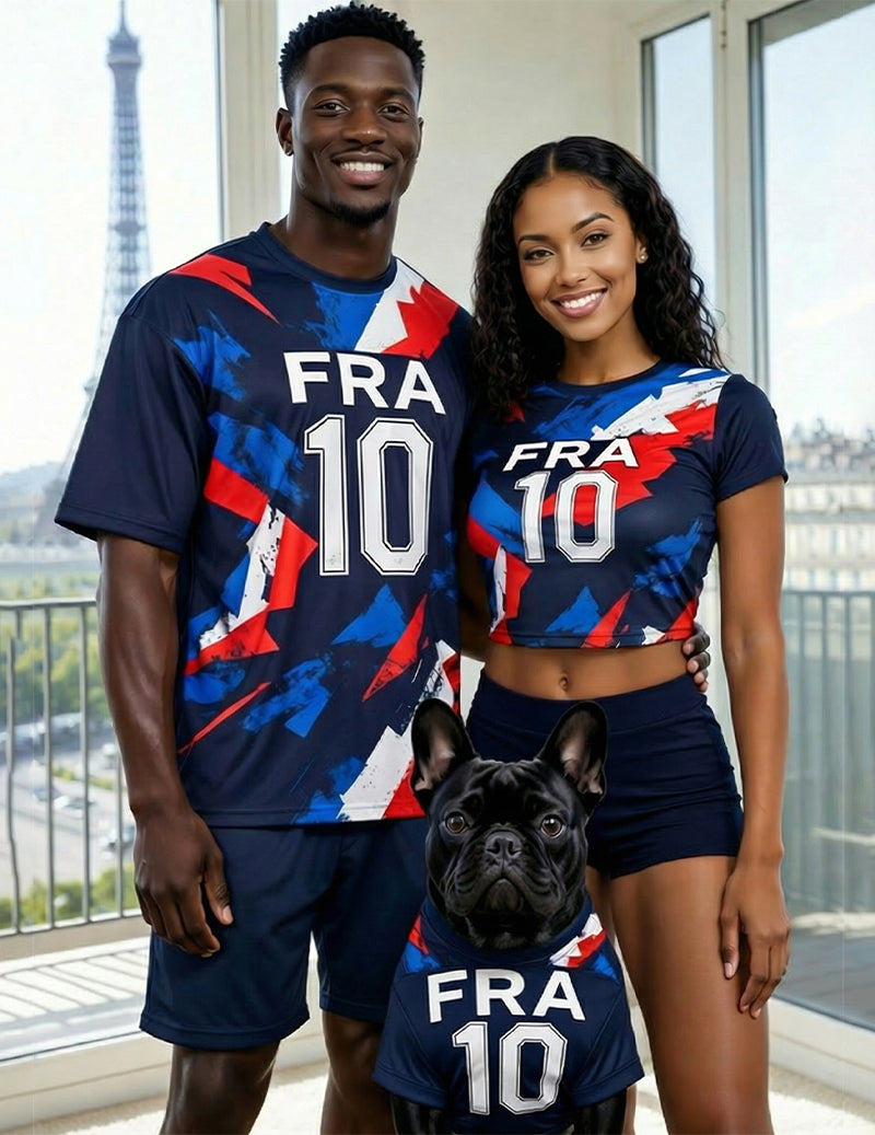 France FRA 10 jersey set in navy/red for men, women, and pet French bulldog