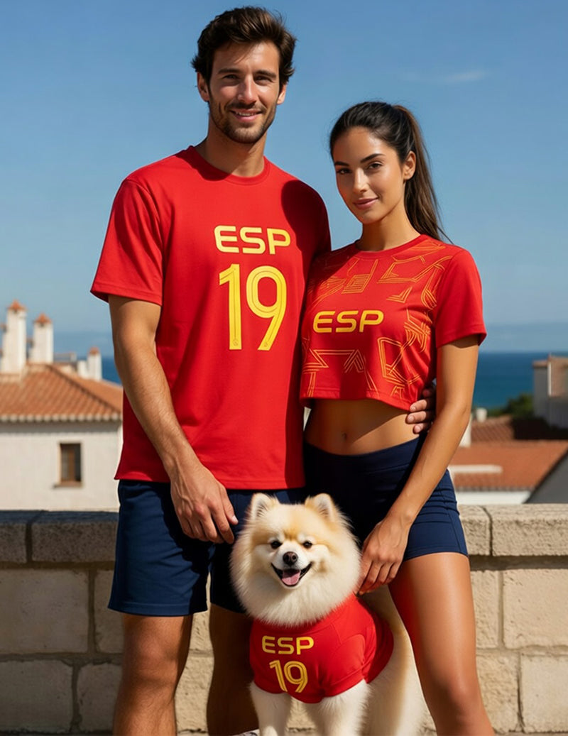 ESP 19 red soccer jersey set for men, women, and pet dog in red