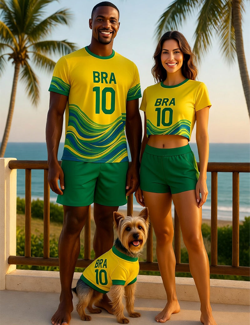 BRA 10 yellow soccer set with green trim for men, women, and pet dog