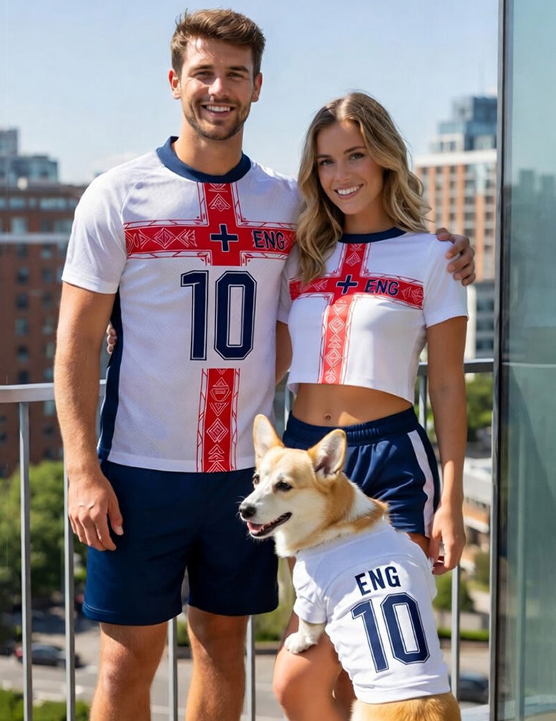 ENG 10 white soccer jersey and shorts set for men, women, and pet dog
