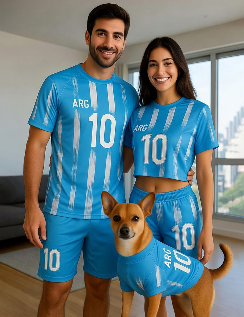 ARG 10 blue soccer jersey and shorts set for men, women, and pet dog