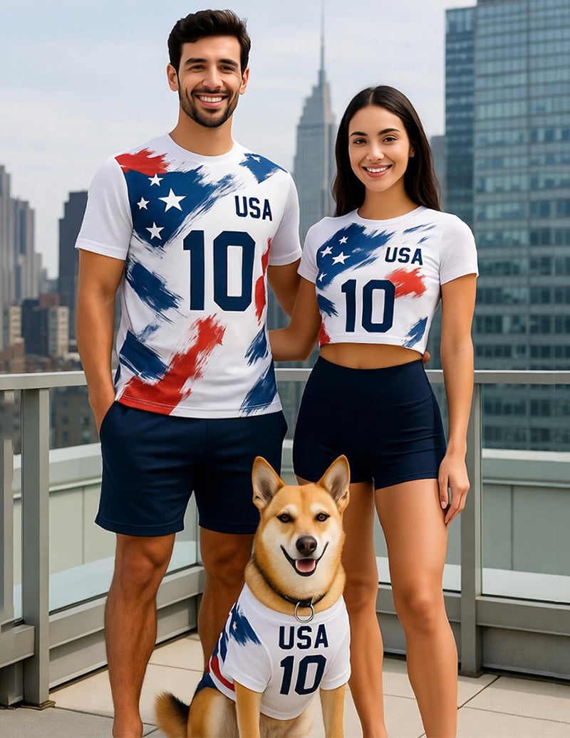 USA 10 jersey and shorts set: men, women, and pet dog in white/red/blue