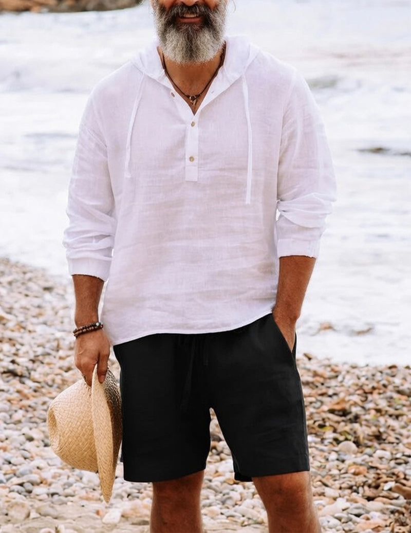 Men’s linen hooded henley shirt and drawstring shorts set, white