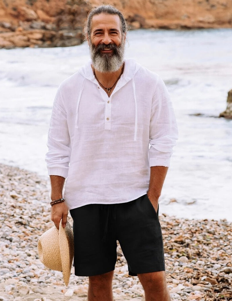 White linen hooded henley shirt with drawstring shorts, front view