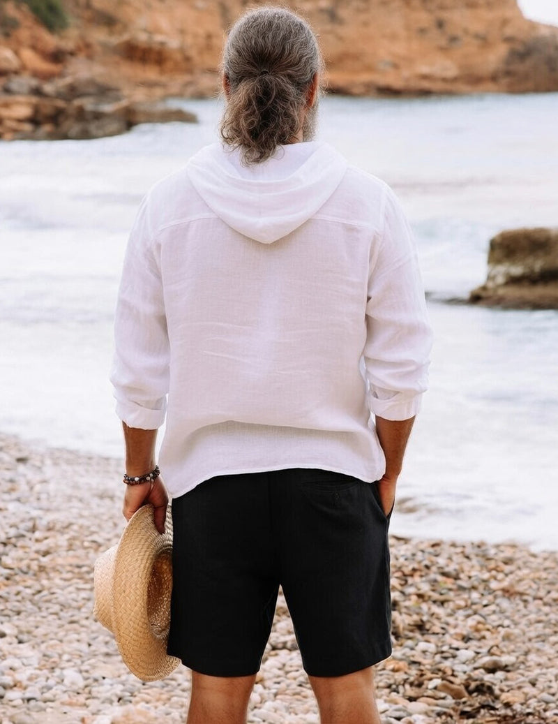 White hooded henley linen shirt with drawstring shorts set, back view