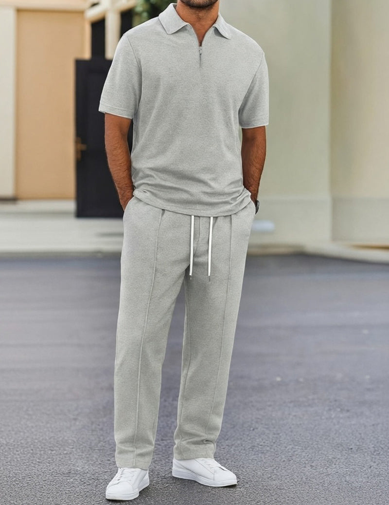 Grey French terry zip-neck polo and jogger set: polo with zipper, joggers with drawstring