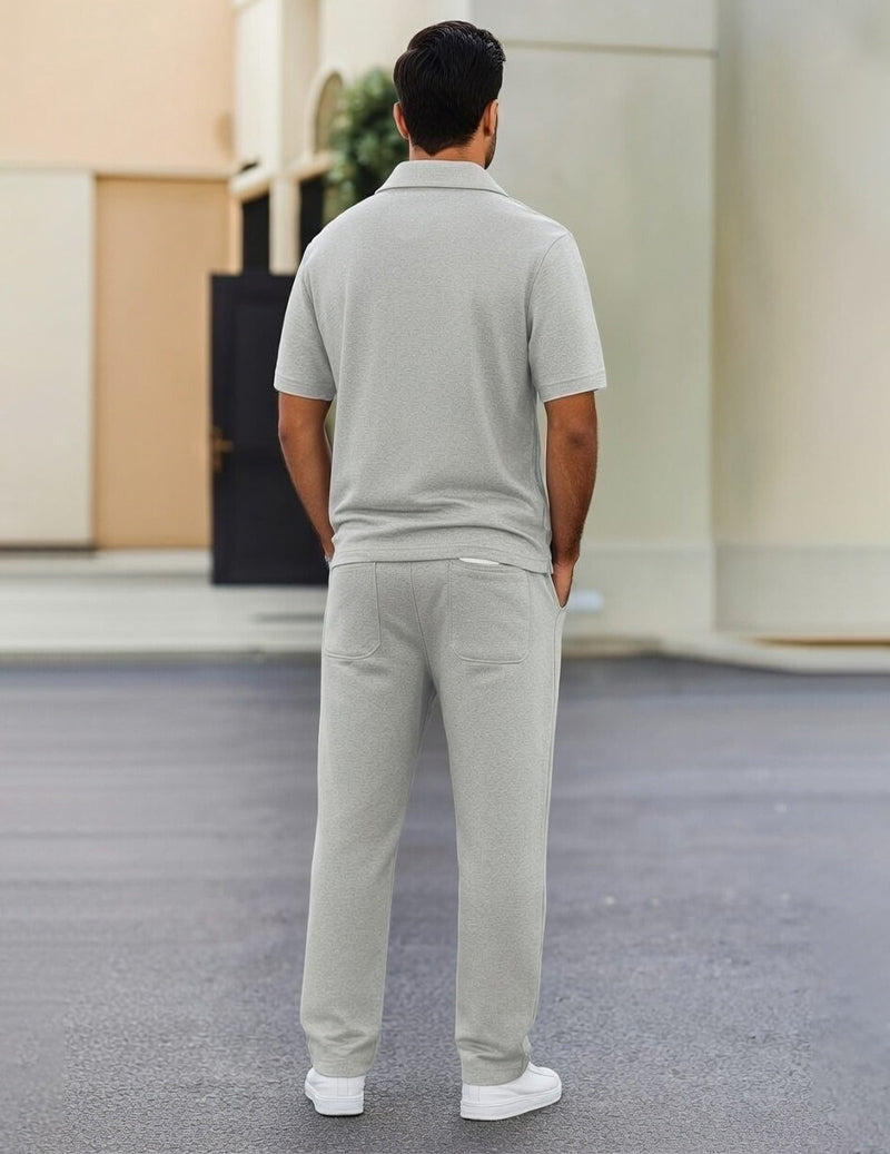 Grey French terry zip-neck polo and jogger set, back view with relaxed fit joggers