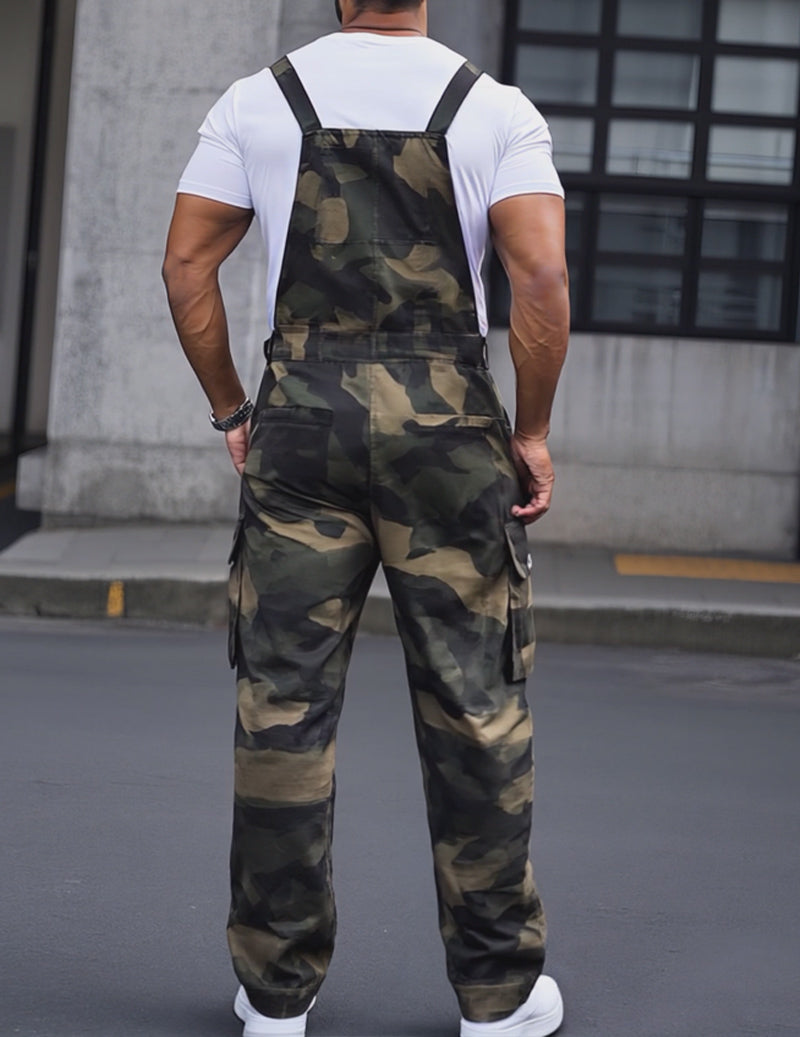 Camo cargo bib overalls, back view with adjustable straps and rear pocket