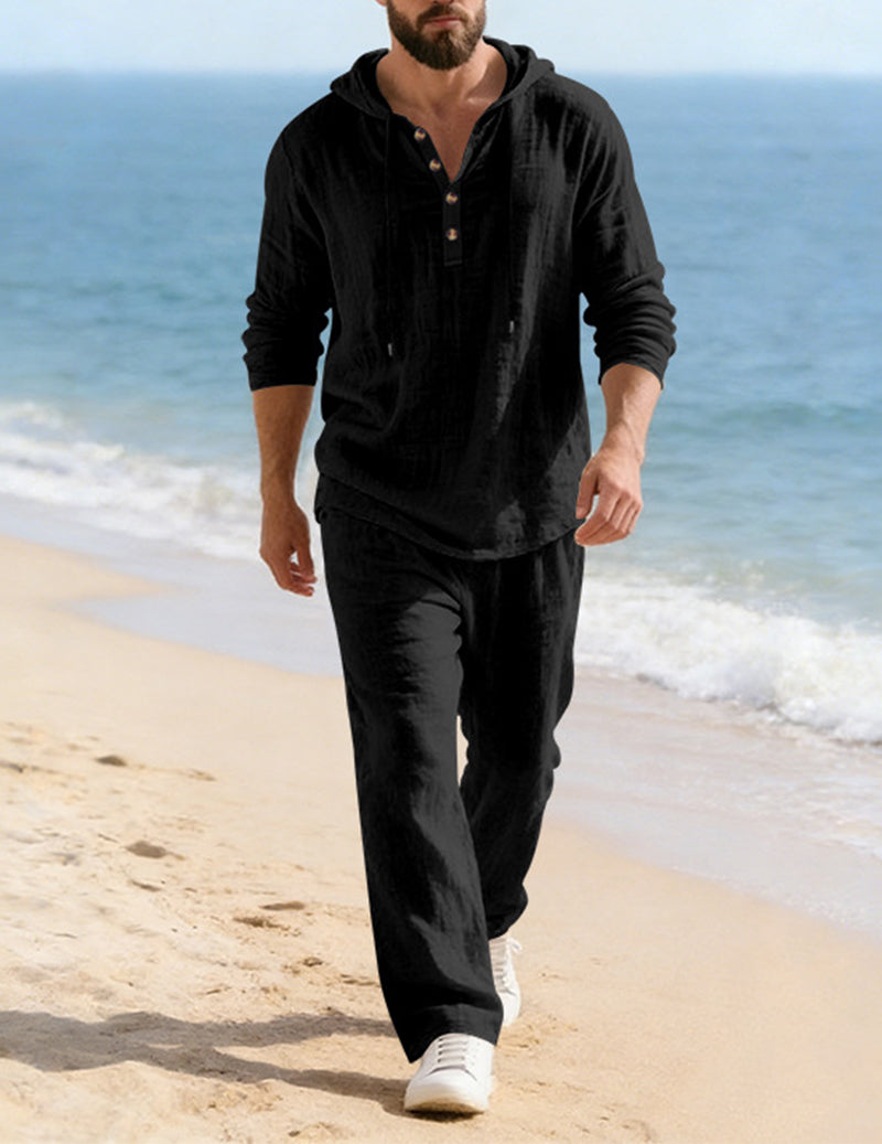 Men's Cotton Linen Hooded Shirt Wide-Leg Drawstring Pants Set