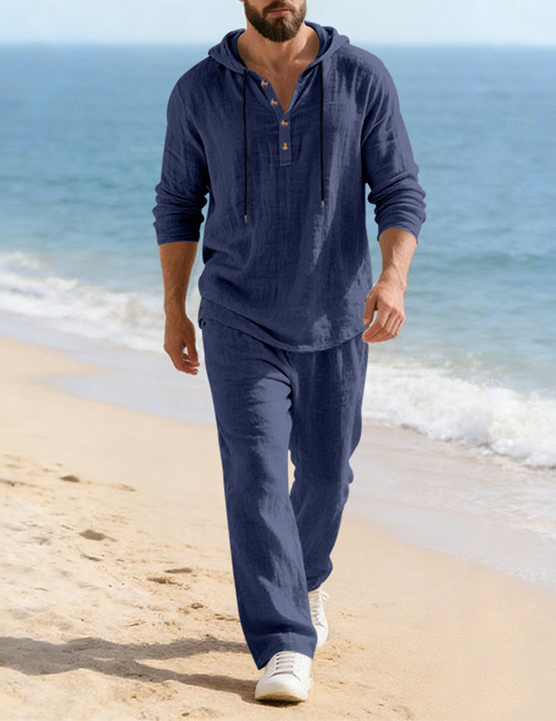 Men's Cotton Linen Hooded Shirt Wide-Leg Drawstring Pants Set