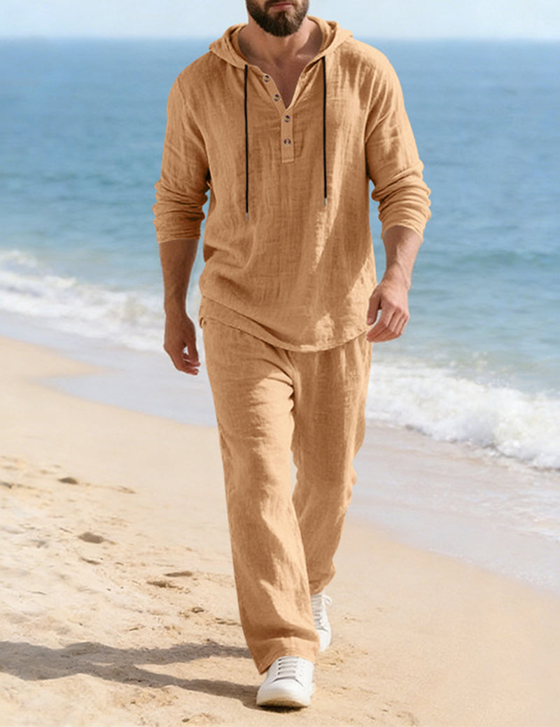 Men's Cotton Linen Hooded Shirt Wide-Leg Drawstring Pants Set