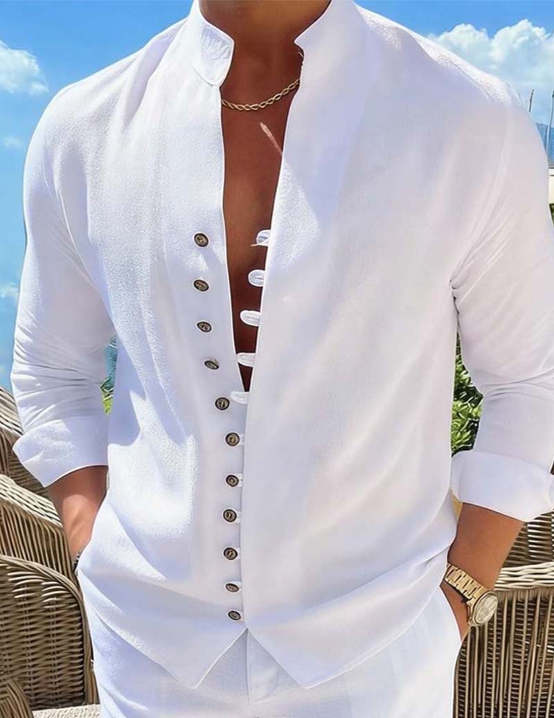 White mandarin-collar shirt with button placket and matching shorts