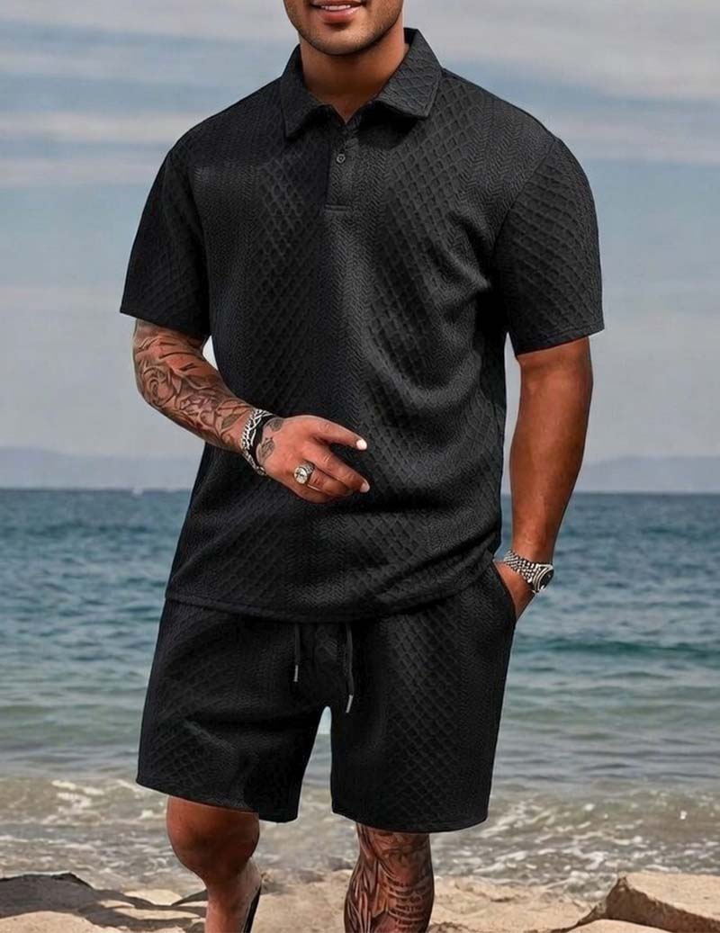 Black jacquard knit polo and drawstring shorts set for men