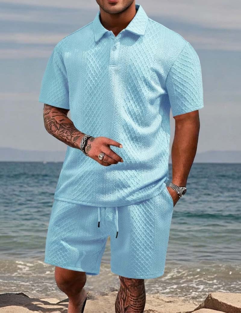 Light blue jacquard knit polo and drawstring shorts set for men