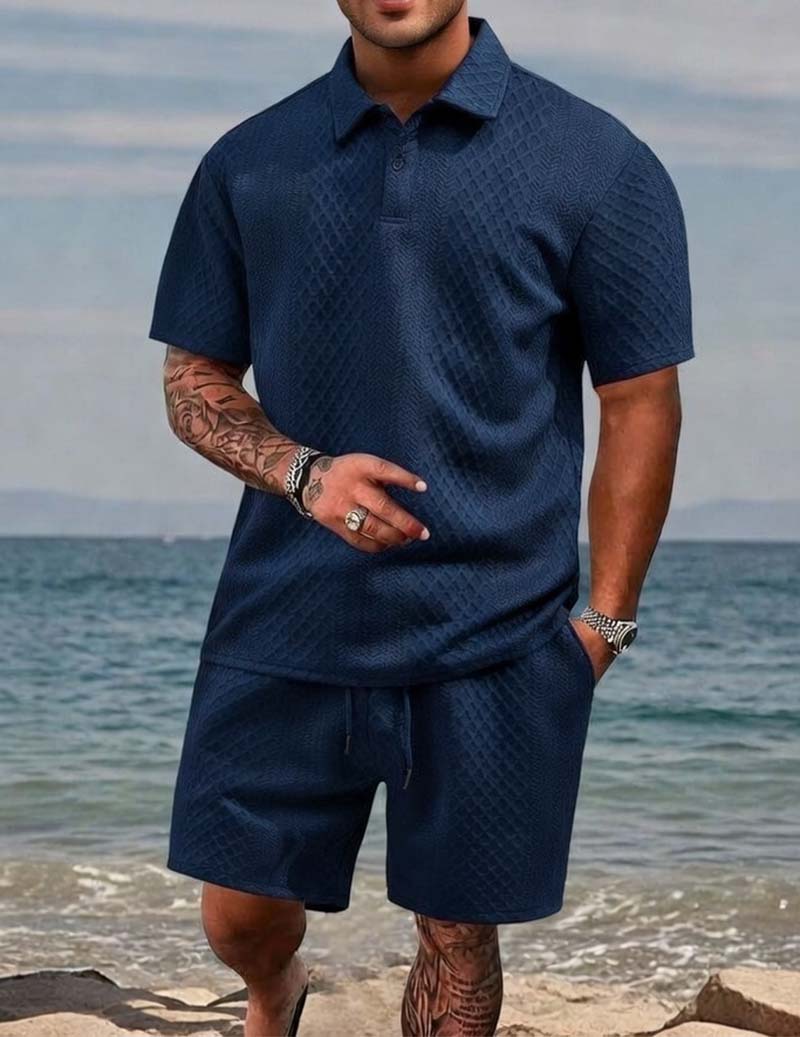 Dark blue jacquard knit polo and drawstring shorts set for men