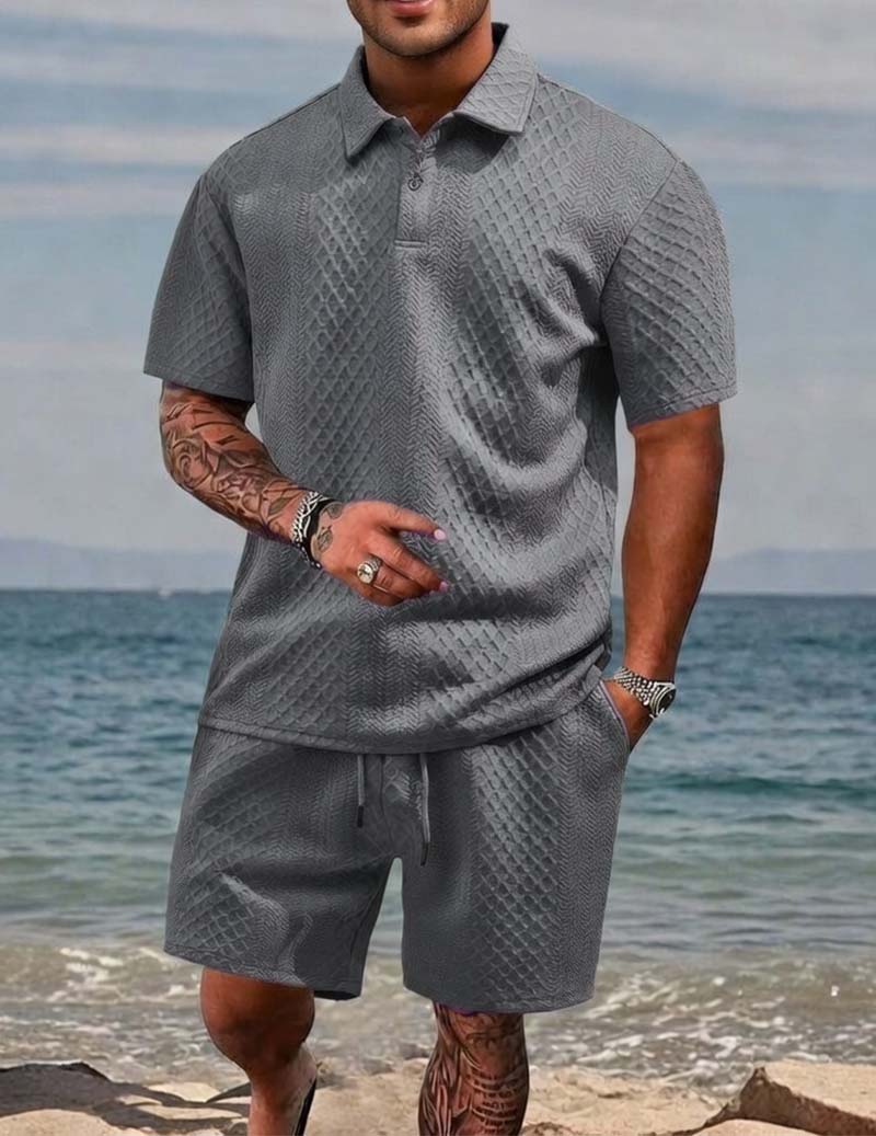 Dark grey jacquard knit polo and drawstring shorts set for men