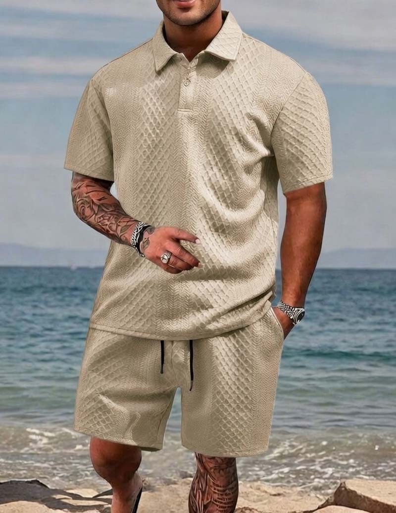 Khaki jacquard knit polo and drawstring shorts set for men