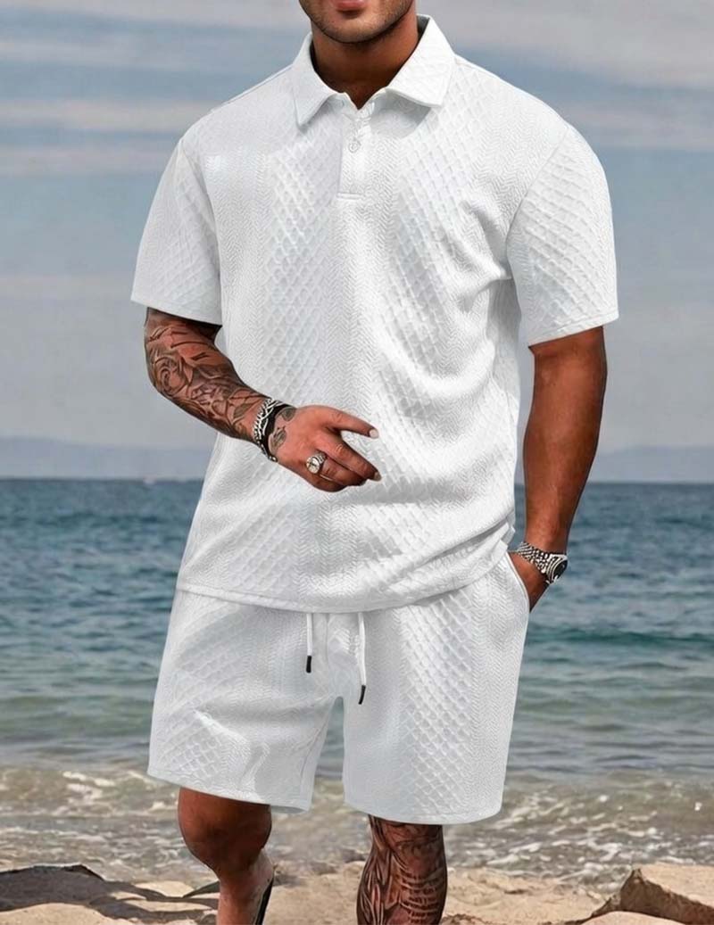 White jacquard knit polo and drawstring shorts set for men