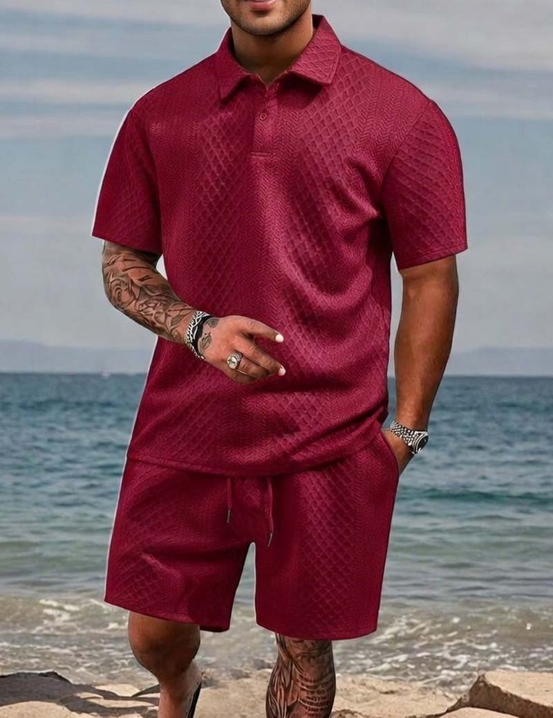 Red jacquard knit polo and drawstring shorts set for men