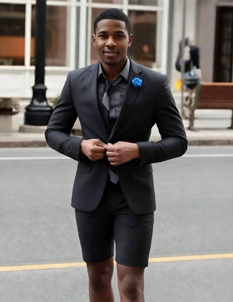 Black slim-fit 2-piece suit: blazer with blue flower, matching shorts