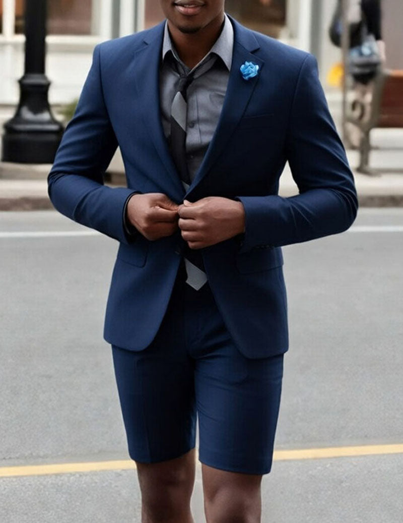 Royal blue slim-fit blazer and shorts set, blue flower boutonniere
