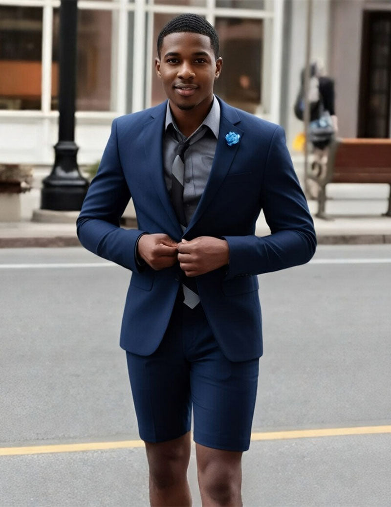 Royal blue slim-fit suit set: blazer with blue flower pin and matching shorts