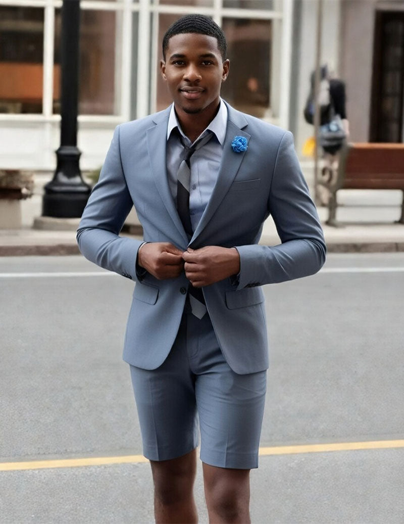 Light grey slim-fit 2-piece suit: blazer with blue flower, matching shorts