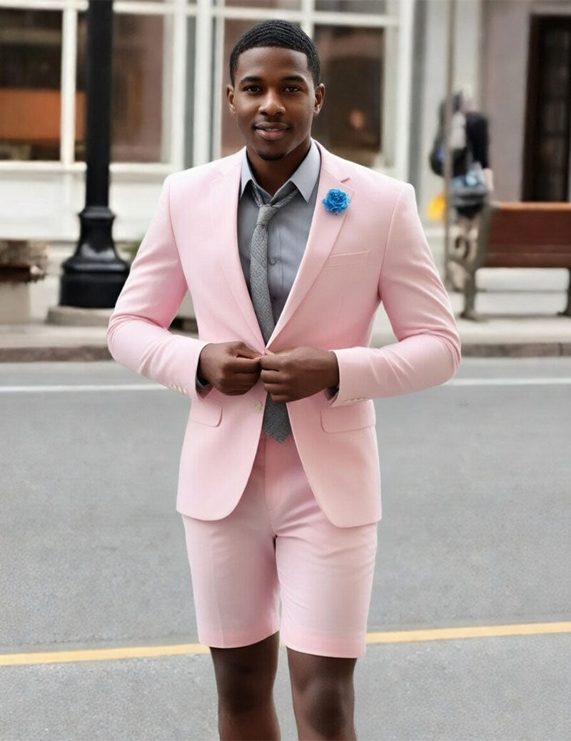 Pink slim-fit 2-piece suit: blazer with blue flower, matching shorts