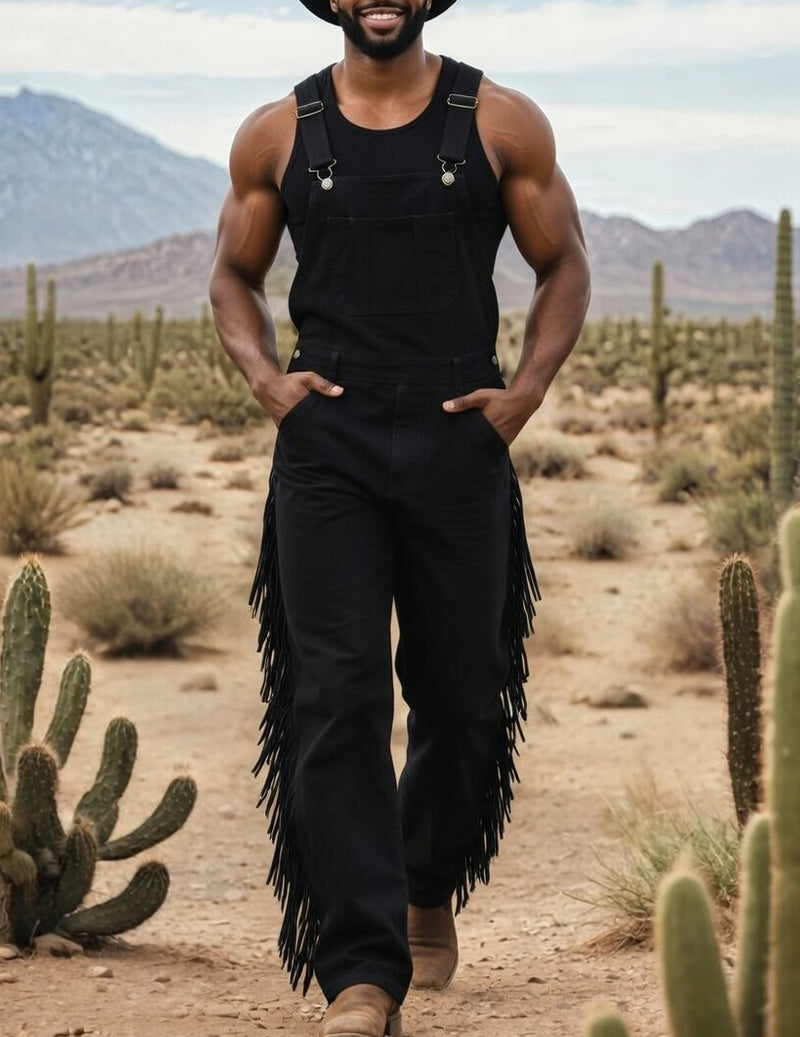 Men's Fringed Overalls Western Cowboy Tassel Bib Overalls