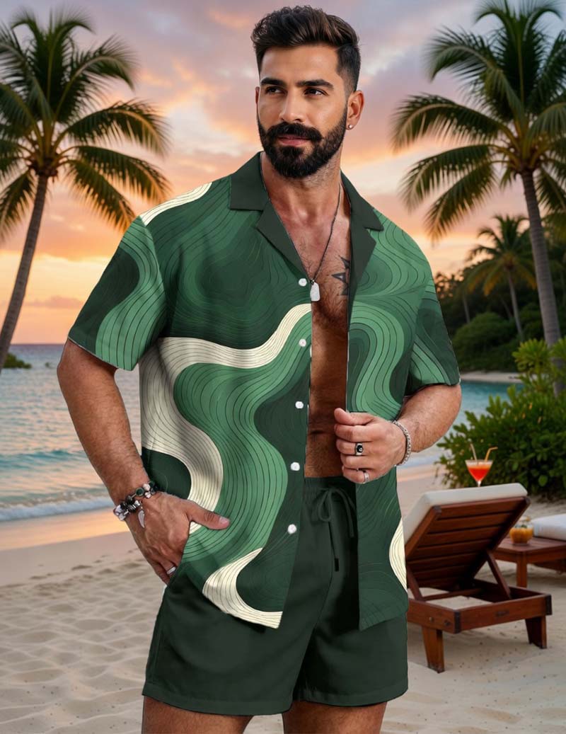 Men's Hawaiian Shirt and Shorts Set Abstract Wave Print Outfit