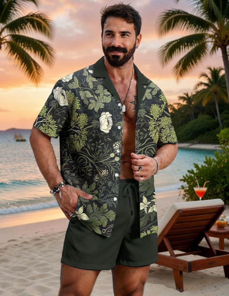 Hawaiian shirt and shorts set—dark green floral pattern, open-collar short-sleeve shirt