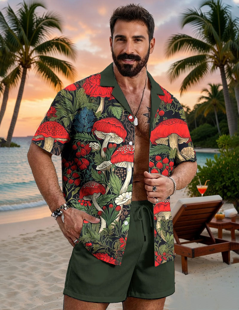 Hawaiian shirt and shorts set—red floral print with matching green drawstring shorts