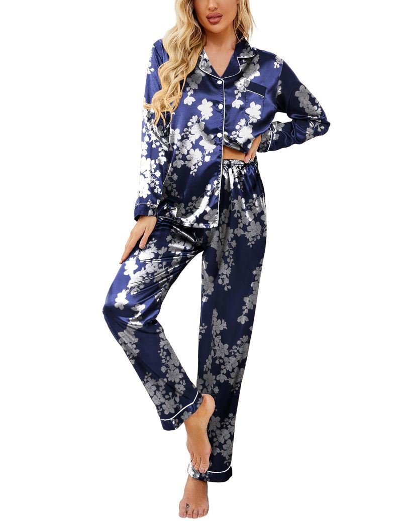 Printed Satin Long Sleeve Notch Collar Button Down Pajama Set