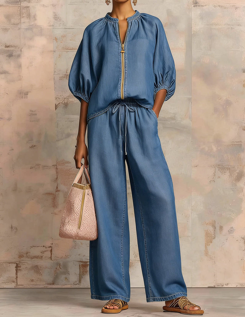 Puff-Sleeve Zip Jacket and Wide-Leg Pants Set