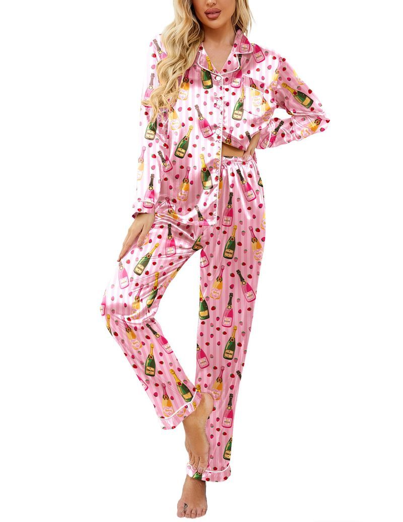 Printed Satin Long Sleeve Notch Collar Button Down Pajama Set