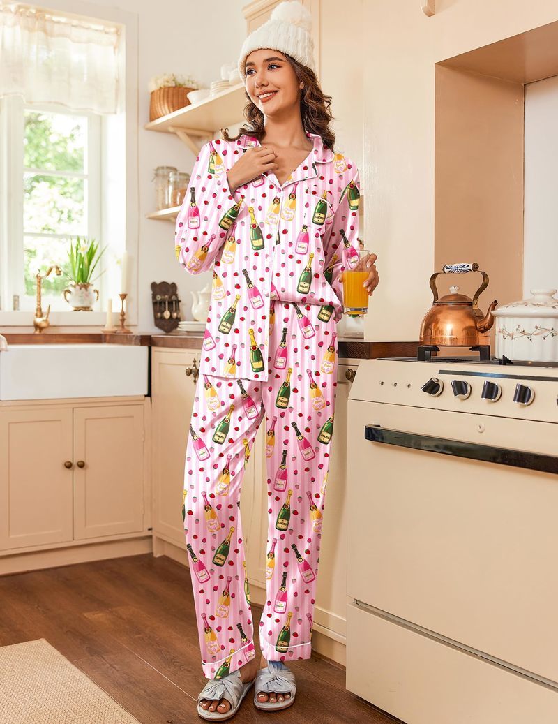 Printed Satin Long Sleeve Notch Collar Button Down Pajama Set