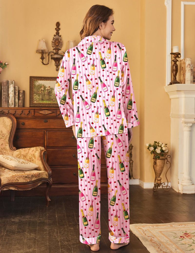 Printed Satin Long Sleeve Notch Collar Button Down Pajama Set