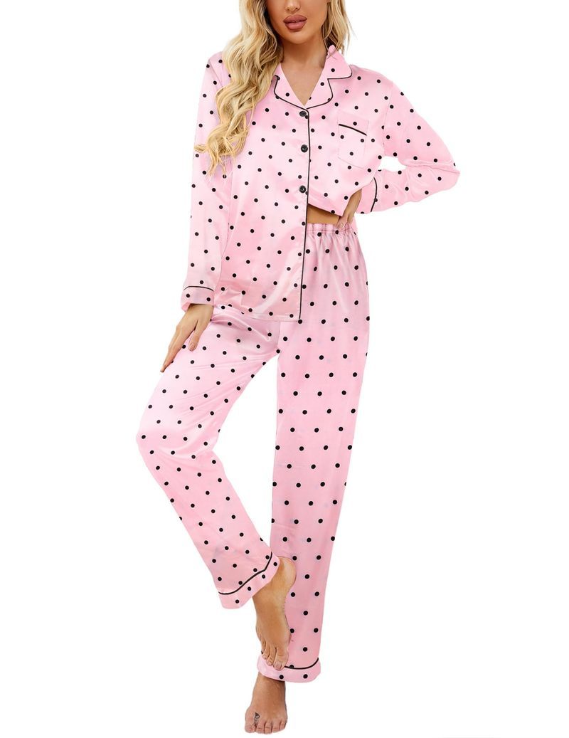 Printed Satin Long Sleeve Notch Collar Button Down Pajama Set