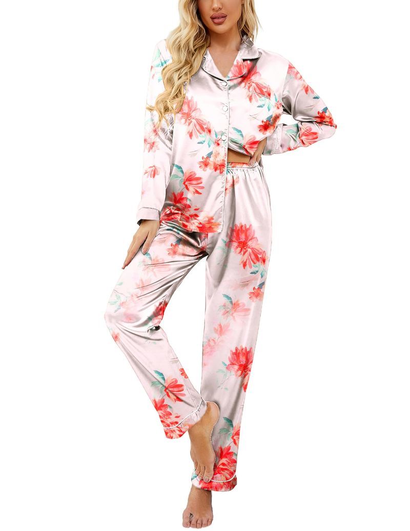 Printed Satin Long Sleeve Notch Collar Button Down Pajama Set
