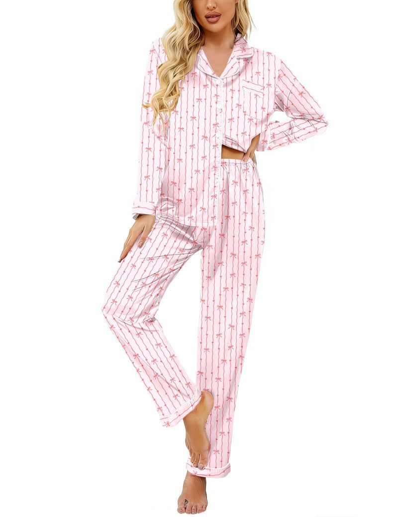 Printed Satin Long Sleeve Notch Collar Button Down Pajama Set