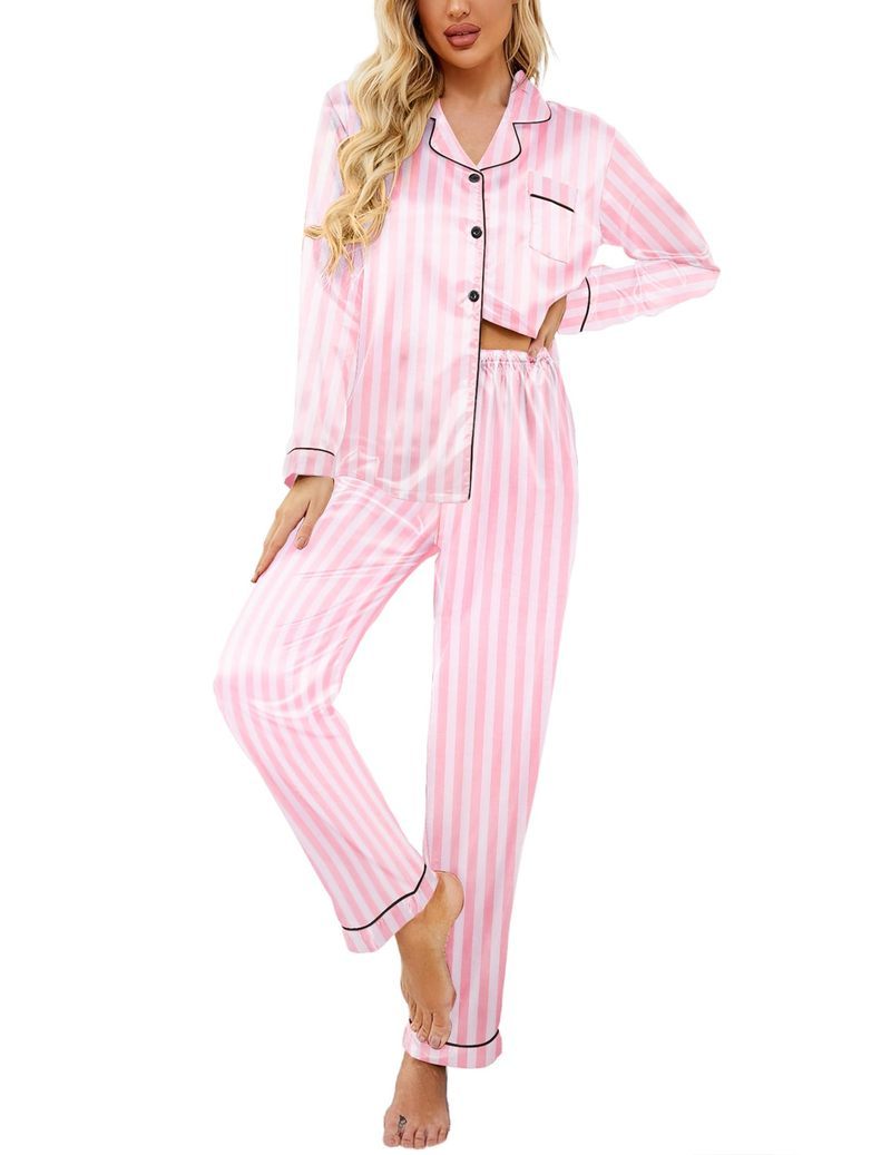 Printed Satin Long Sleeve Notch Collar Button Down Pajama Set