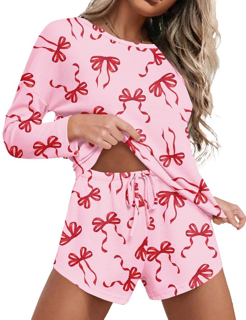 Waffle knit lounge set: long-sleeve crew top and shorts, red bow print, pockets