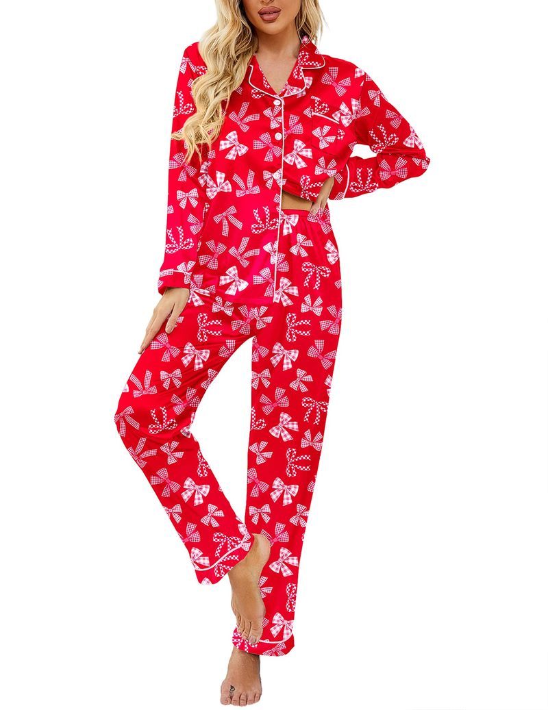 Printed Satin Long Sleeve Notch Collar Button Down Pajama Set