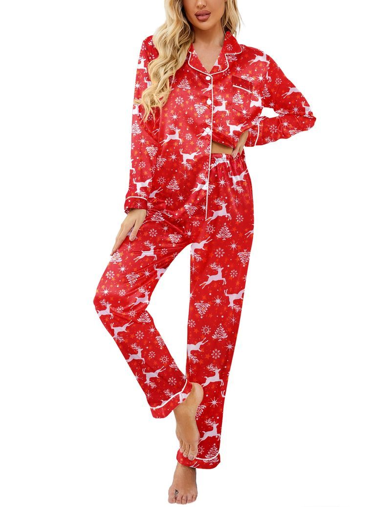 Printed Satin Long Sleeve Notch Collar Button Down Pajama Set