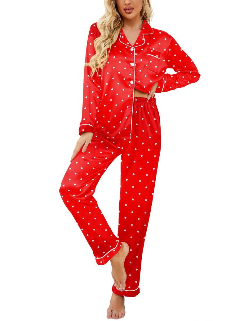 Printed Satin Long Sleeve Notch Collar Button Down Pajama Set