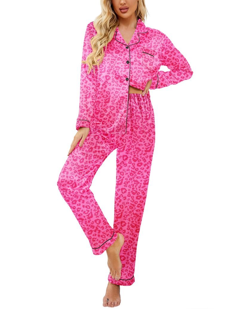 Printed Satin Long Sleeve Notch Collar Button Down Pajama Set