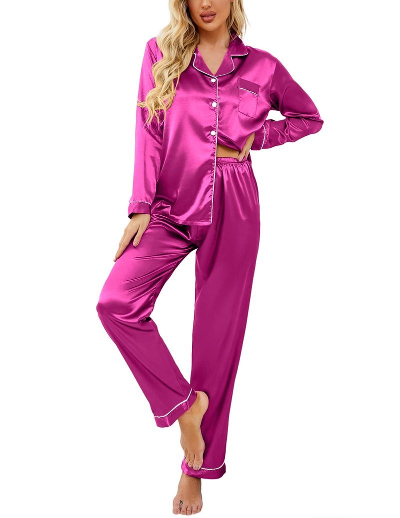 Satin Long Sleeve Notch Collar Button Down Pajama Set
