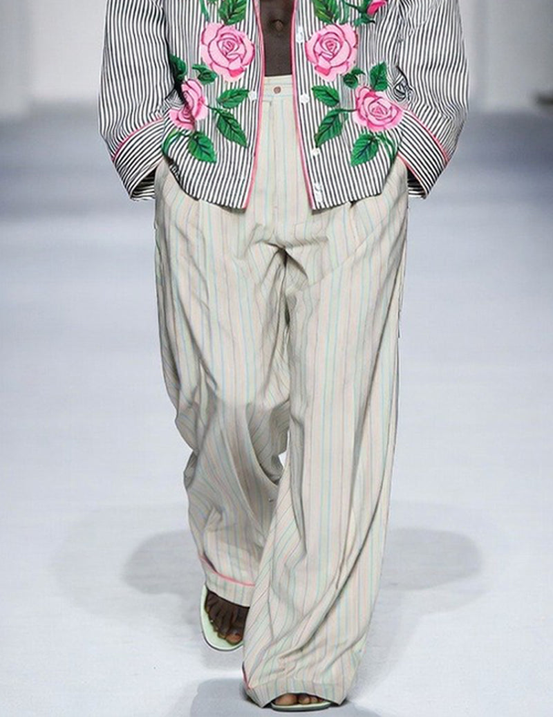 Men's Striped Rose-Pattern Pajama Set with Oversized Fit