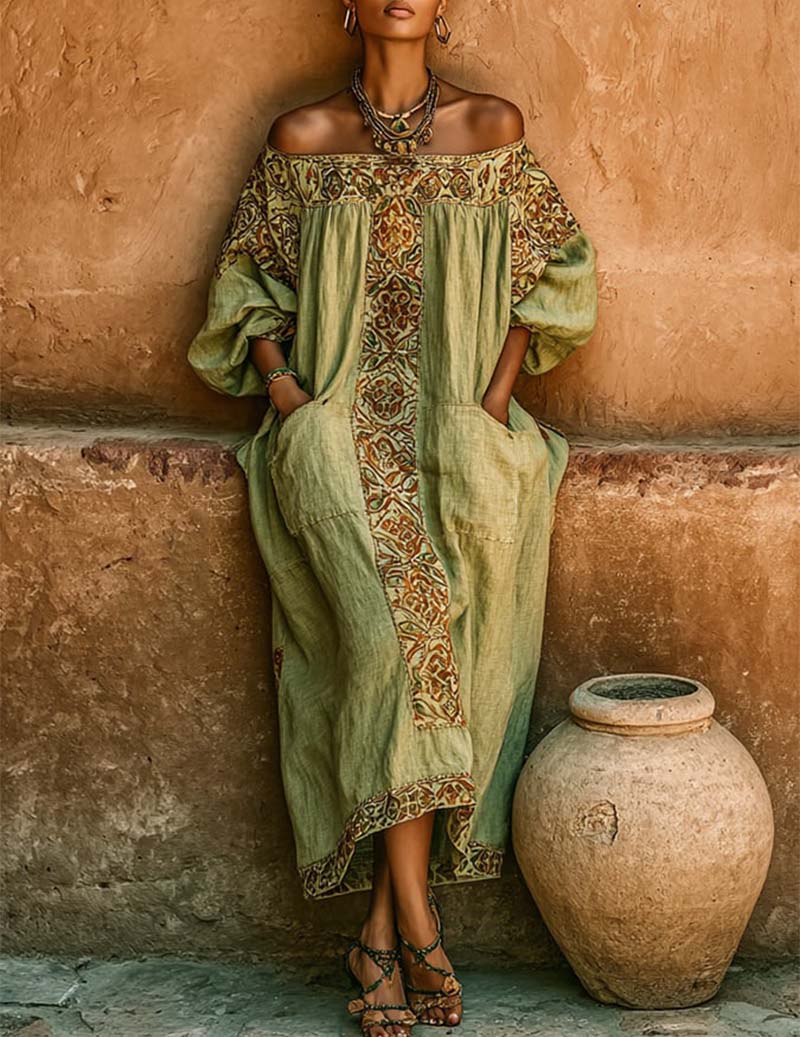 Ekouaer Linen Off-Shoulder Maxi Dress Sage Green / XXL